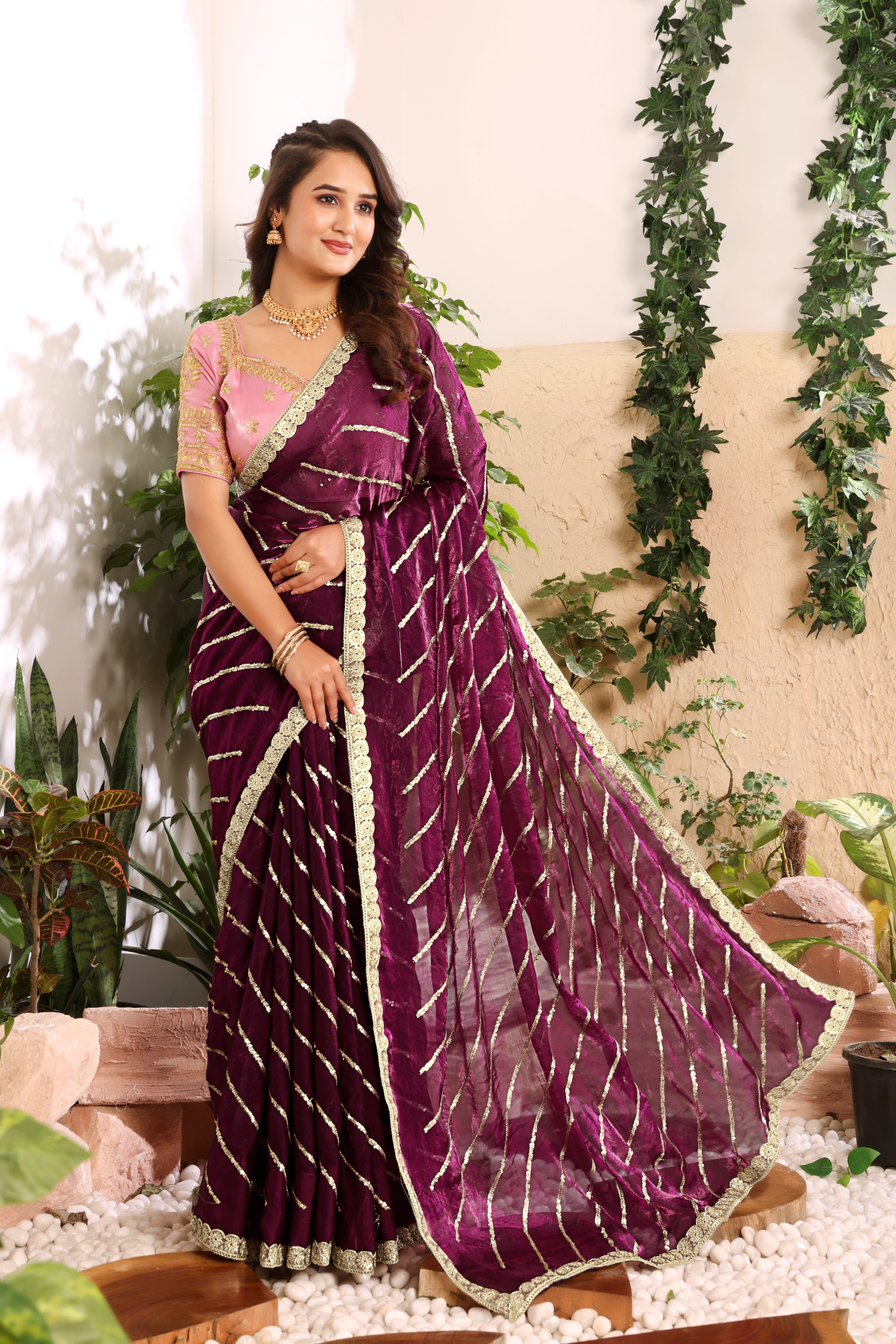 Wine Blossom Saree with stitched blouse
